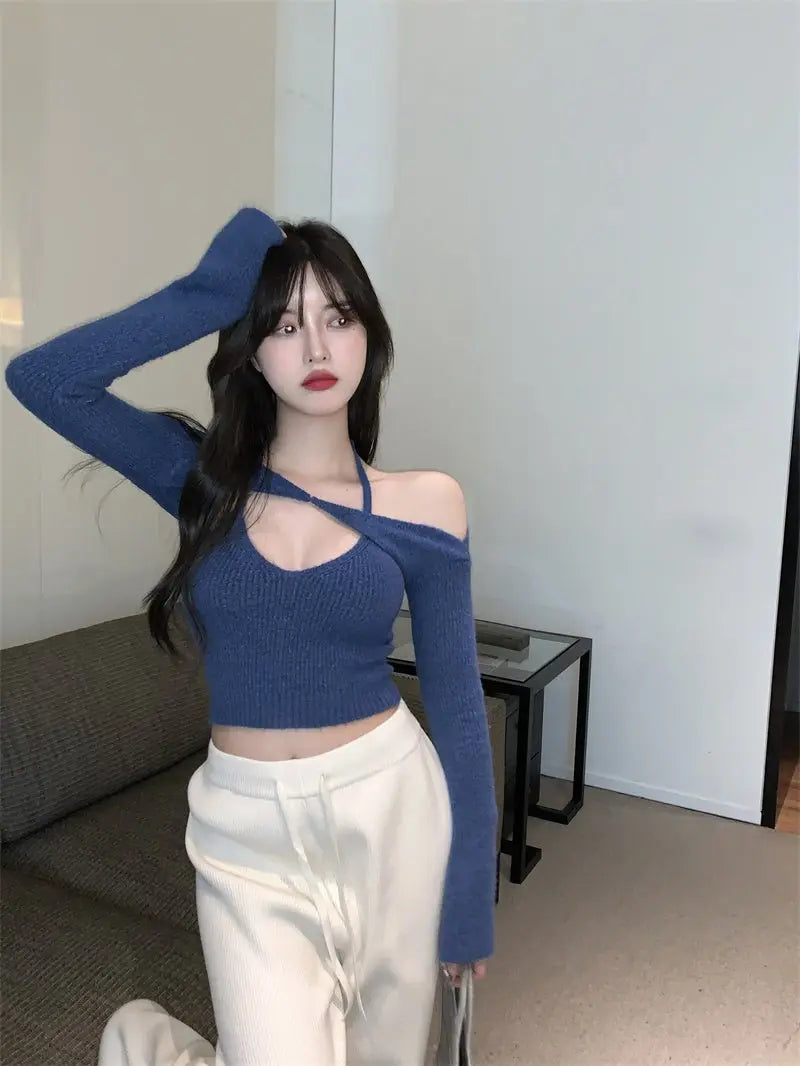 Off Shoulder Tops Women Skinny Slash Neck Halterneck Knitted Shirts y2k Summer 2022 - Blade & Thread