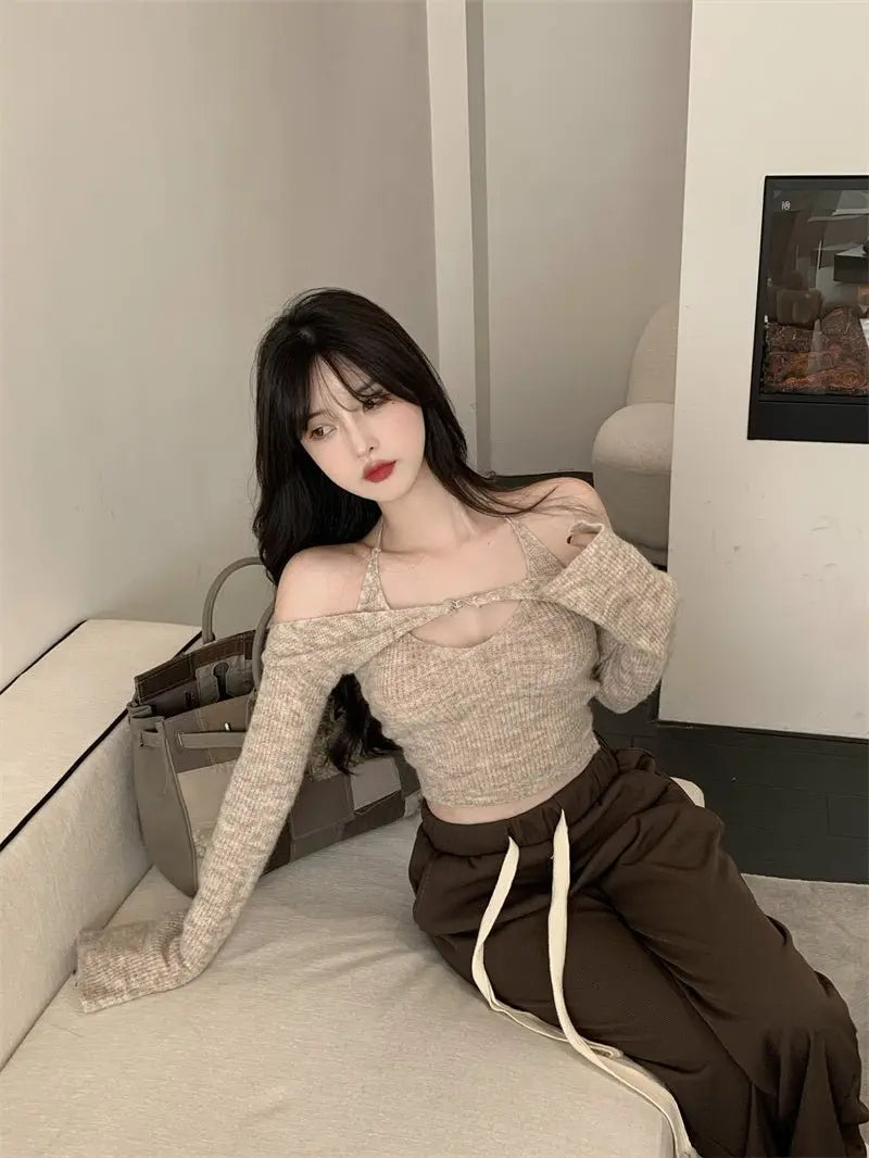 Off Shoulder Tops Women Skinny Slash Neck Halterneck Knitted Shirts y2k Summer 2022 - Blade & Thread