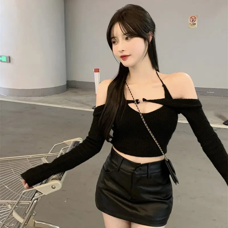Off Shoulder Tops Women Skinny Slash Neck Halterneck Knitted Shirts y2k Summer 2022 - Blade & Thread