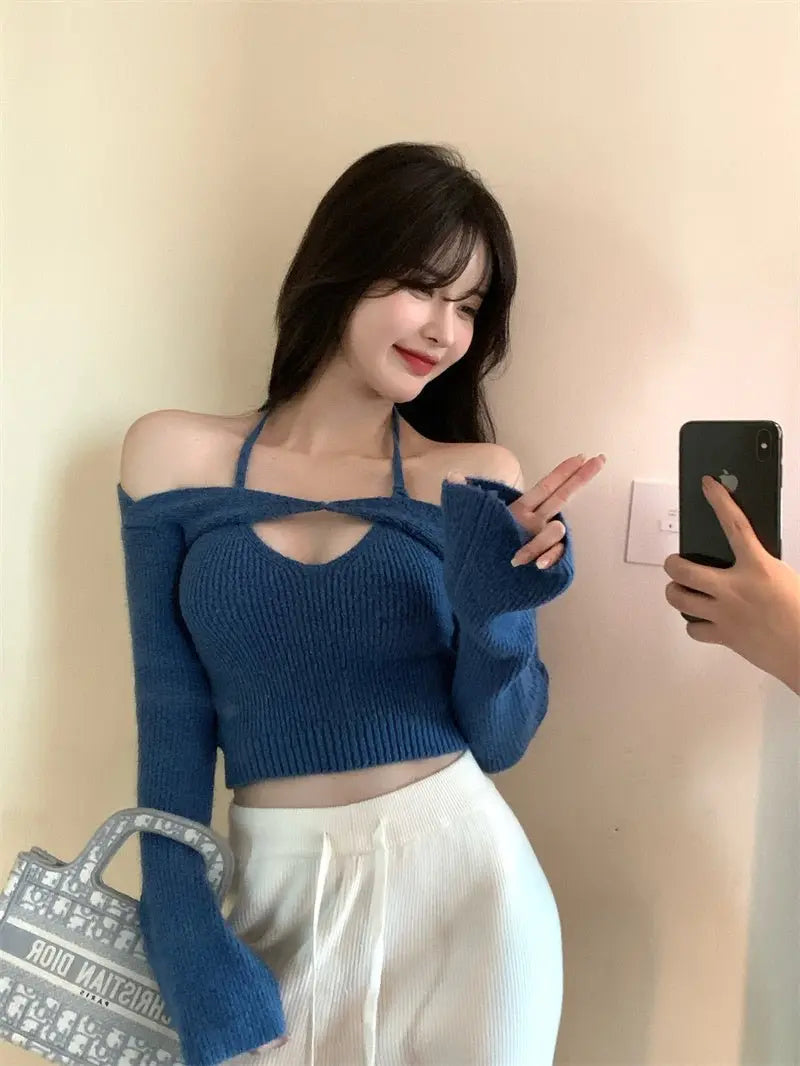 Off Shoulder Tops Women Skinny Slash Neck Halterneck Knitted Shirts y2k Summer 2022 - Blade & Thread
