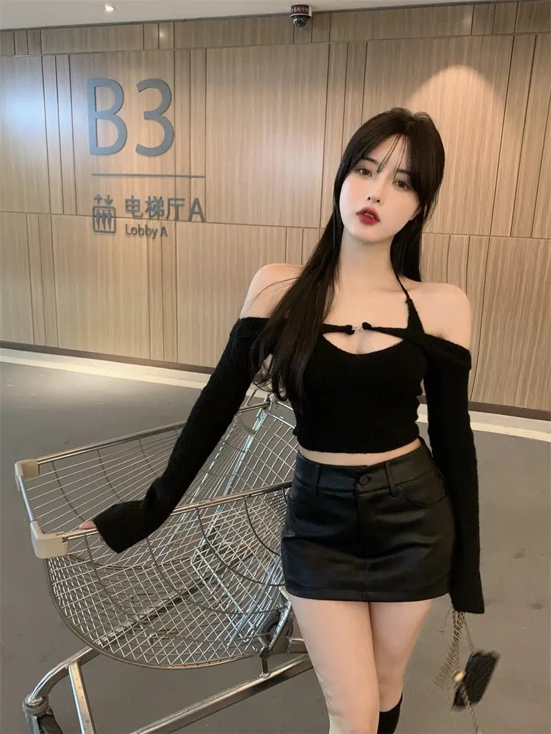 Off Shoulder Tops Women Skinny Slash Neck Halterneck Knitted Shirts y2k Summer 2022 - Blade & Thread
