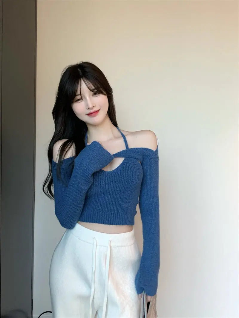 Off Shoulder Tops Women Skinny Slash Neck Halterneck Knitted Shirts y2k Summer 2022 - Blade & Thread