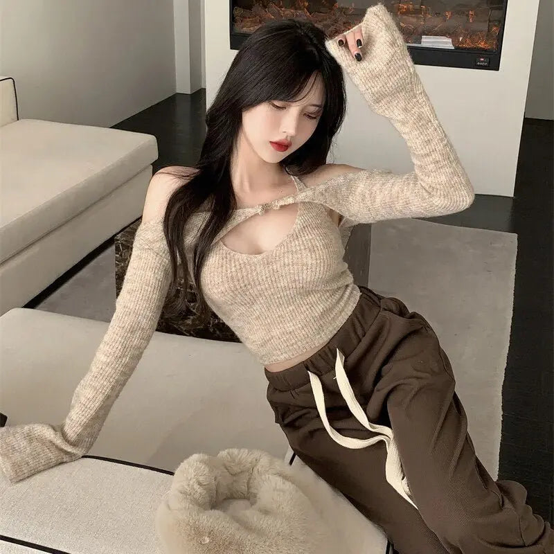 Off Shoulder Tops Women Skinny Slash Neck Halterneck Knitted Shirts y2k Summer 2022 - Blade & Thread
