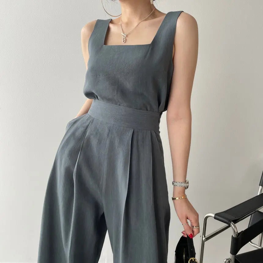 Office Ladies 2-Piece Women Square Neck Loose Vest Top + High Waist Pleated Wide Leg Pants - Blade & Thread