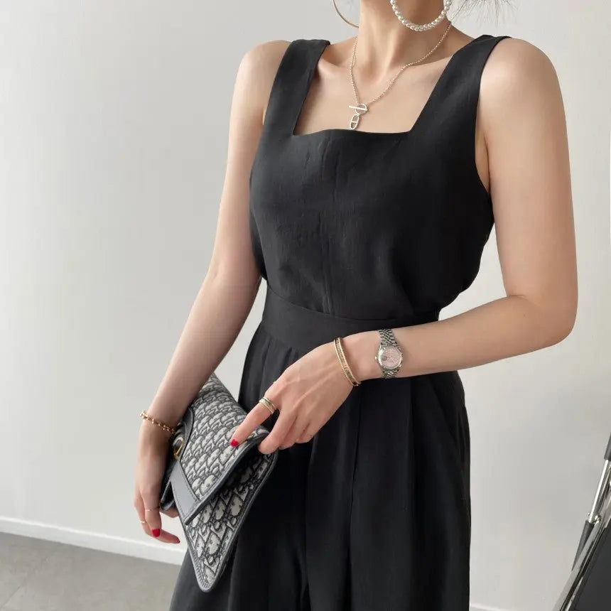 Office Ladies 2-Piece Women Square Neck Loose Vest Top + High Waist Pleated Wide Leg Pants - Blade & Thread