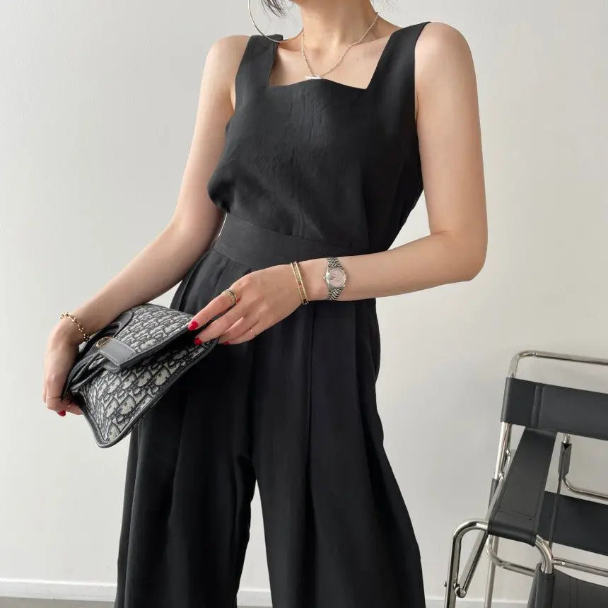 Office Ladies 2-Piece Women Square Neck Loose Vest Top + High Waist Pleated Wide Leg Pants - Blade & Thread