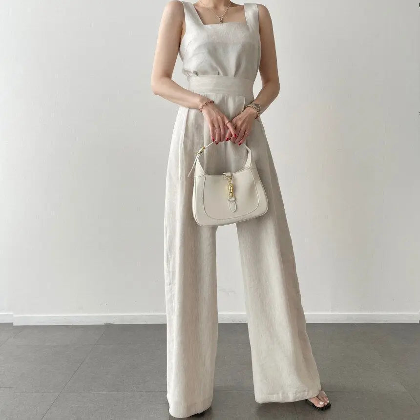 Office Ladies 2-Piece Women Square Neck Loose Vest Top + High Waist Pleated Wide Leg Pants - Blade & Thread