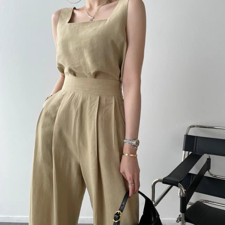 Office Ladies 2-Piece Women Square Neck Loose Vest Top + High Waist Pleated Wide Leg Pants - Blade & Thread