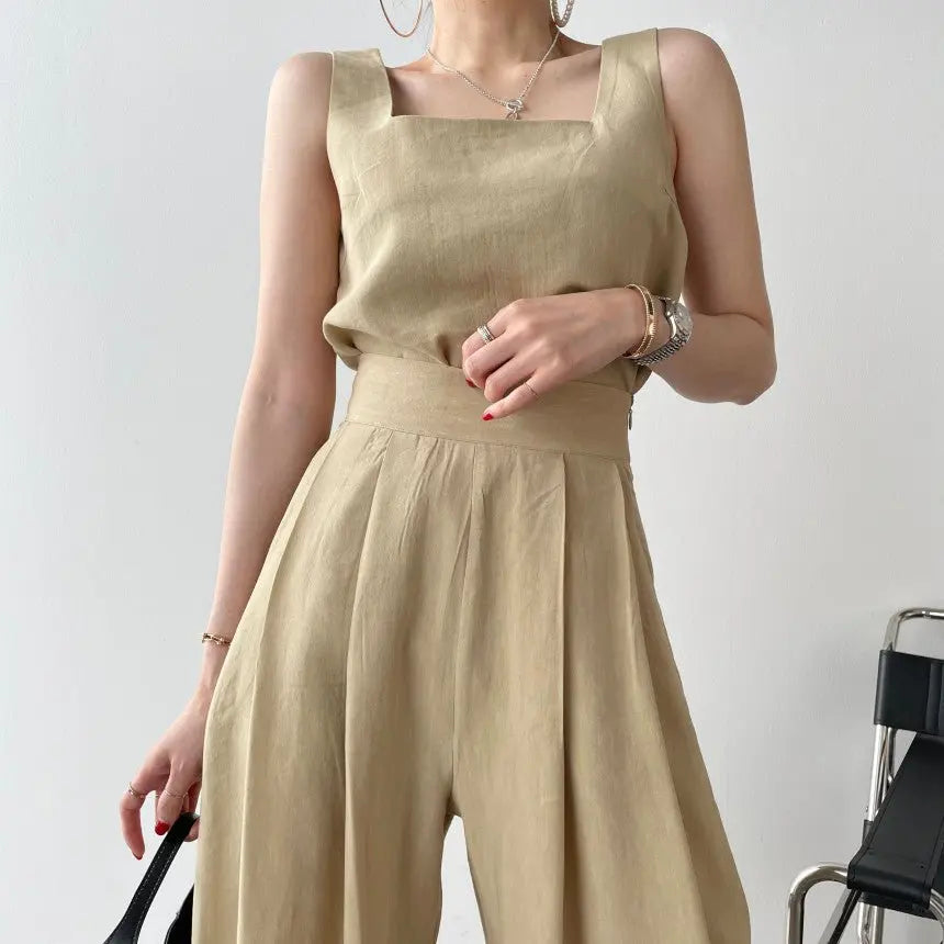 Office Ladies 2-Piece Women Square Neck Loose Vest Top + High Waist Pleated Wide Leg Pants - Blade & Thread