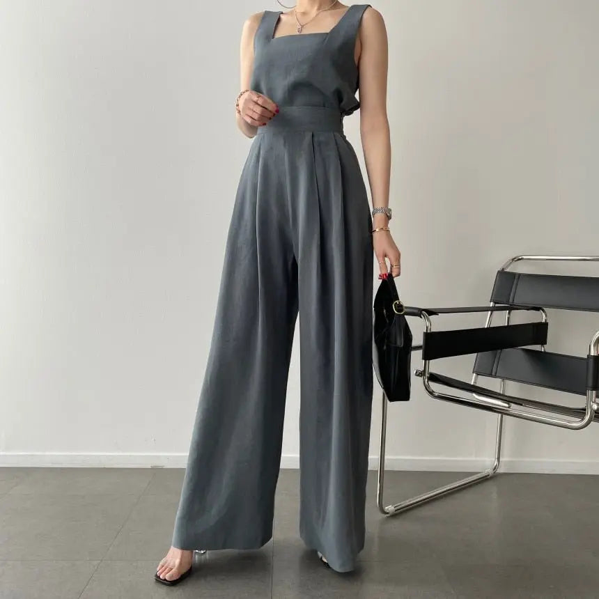 Office Ladies 2-Piece Women Square Neck Loose Vest Top + High Waist Pleated Wide Leg Pants - Blade & Thread