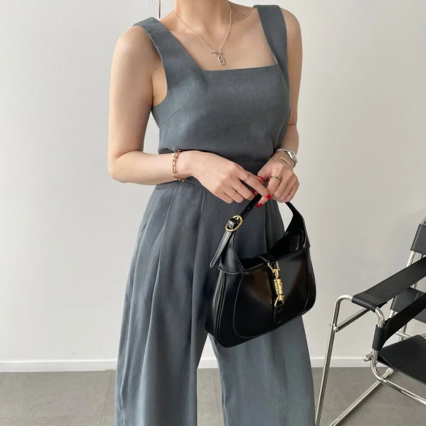 Office Ladies 2-Piece Women Square Neck Loose Vest Top + High Waist Pleated Wide Leg Pants - Blade & Thread