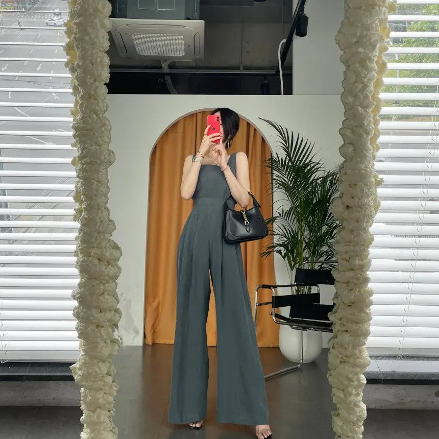 Office Ladies 2-Piece Women Square Neck Loose Vest Top + High Waist Pleated Wide Leg Pants - Blade & Thread