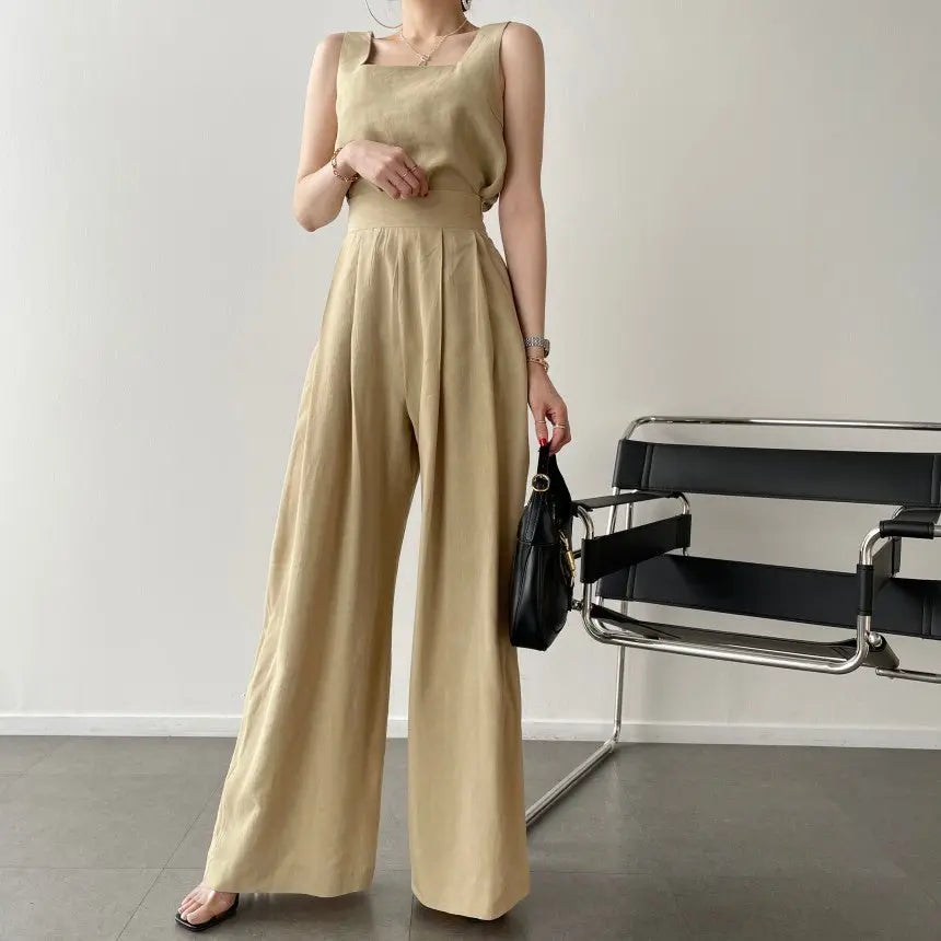 Office Ladies 2-Piece Women Square Neck Loose Vest Top + High Waist Pleated Wide Leg Pants - Blade & Thread