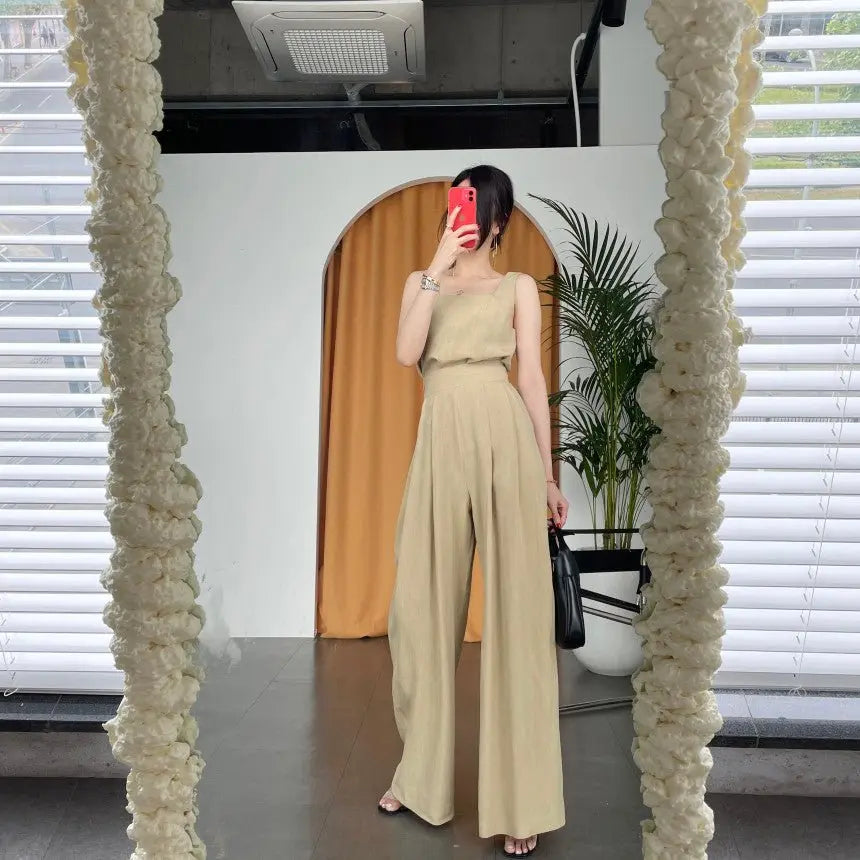 Office Ladies 2-Piece Women Square Neck Loose Vest Top + High Waist Pleated Wide Leg Pants - Blade & Thread