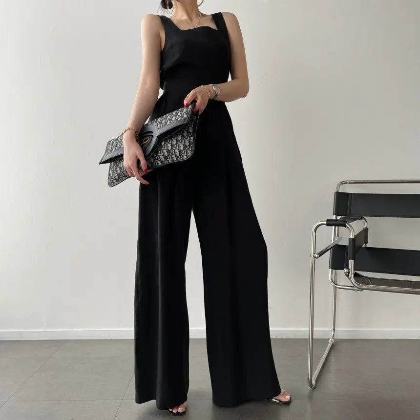 Office Ladies 2-Piece Women Square Neck Loose Vest Top + High Waist Pleated Wide Leg Pants - Blade & Thread