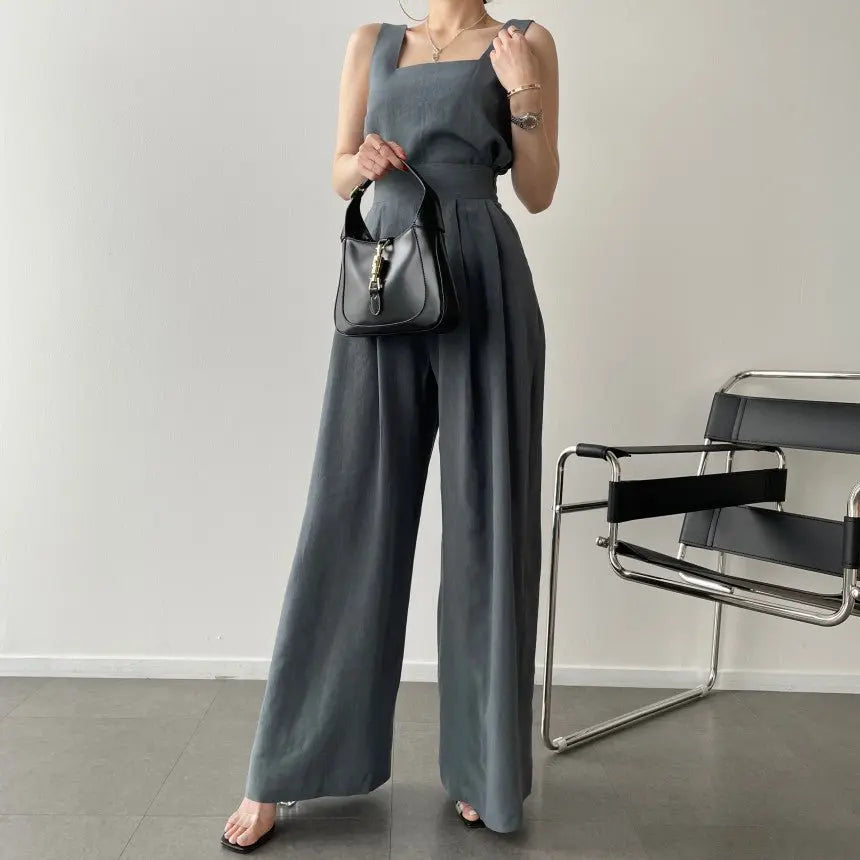 Office Ladies 2-Piece Women Square Neck Loose Vest Top + High Waist Pleated Wide Leg Pants - Blade & Thread