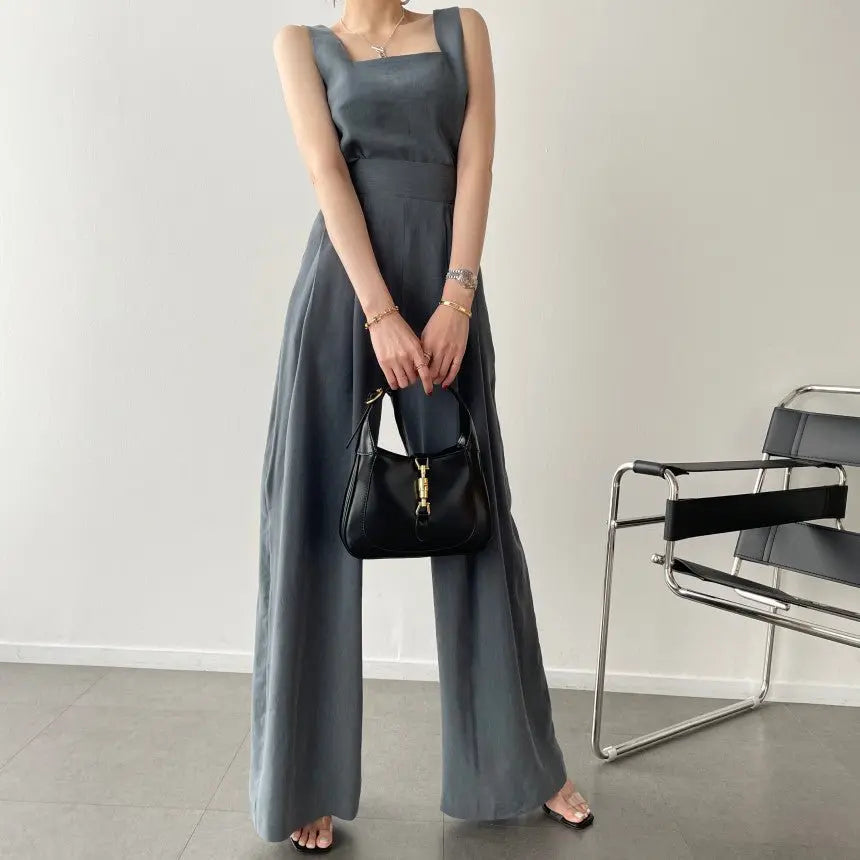 Office Ladies 2-Piece Women Square Neck Loose Vest Top + High Waist Pleated Wide Leg Pants - Blade & Thread