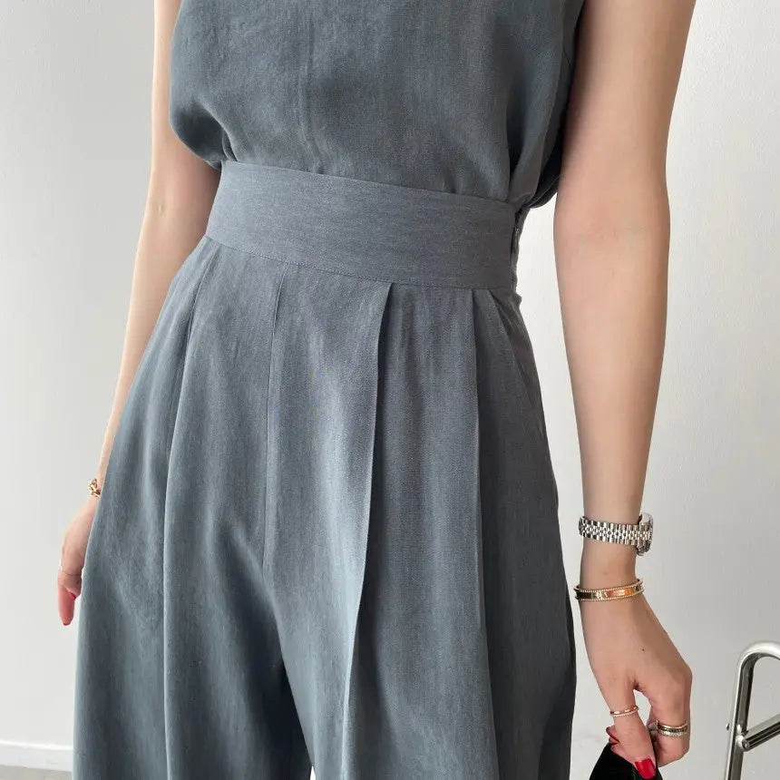 Office Ladies 2-Piece Women Square Neck Loose Vest Top + High Waist Pleated Wide Leg Pants - Blade & Thread