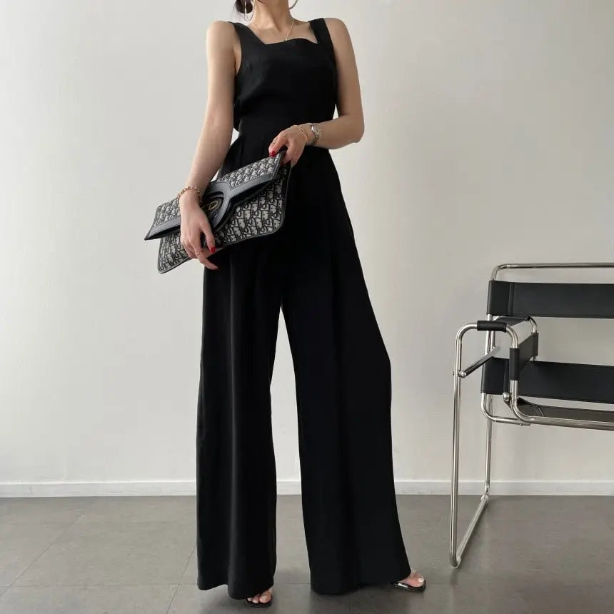 Office Ladies 2-Piece Women Square Neck Loose Vest Top + High Waist Pleated Wide Leg Pants - Blade & Thread