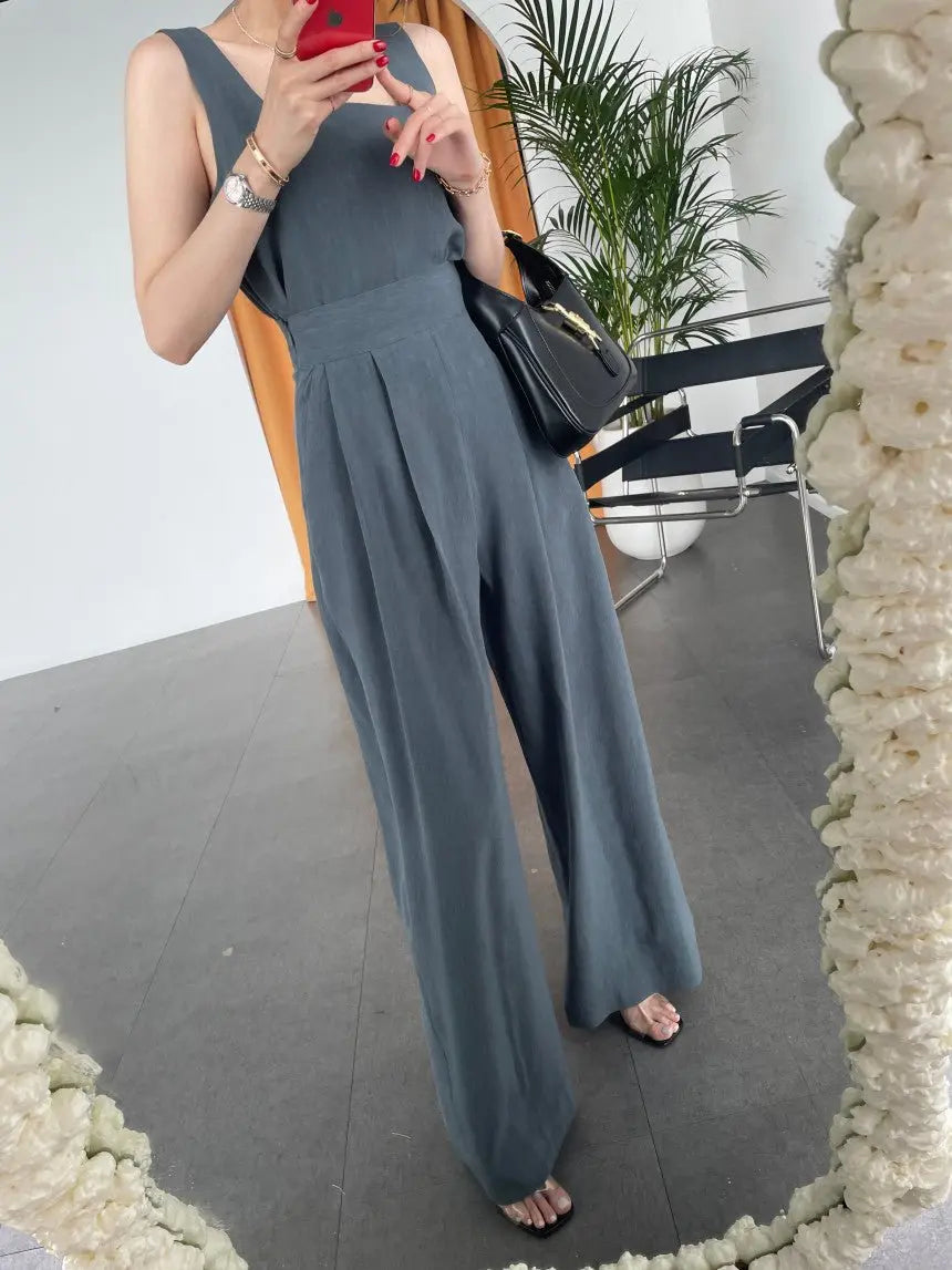 Office Ladies 2-Piece Women Square Neck Loose Vest Top + High Waist Pleated Wide Leg Pants - Blade & Thread