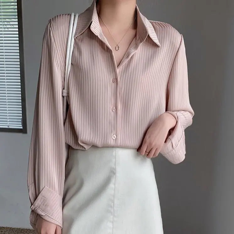 Office Ladies Striped Women Blouses Tops Full Sleeve Loose Shirts - Blade & Thread