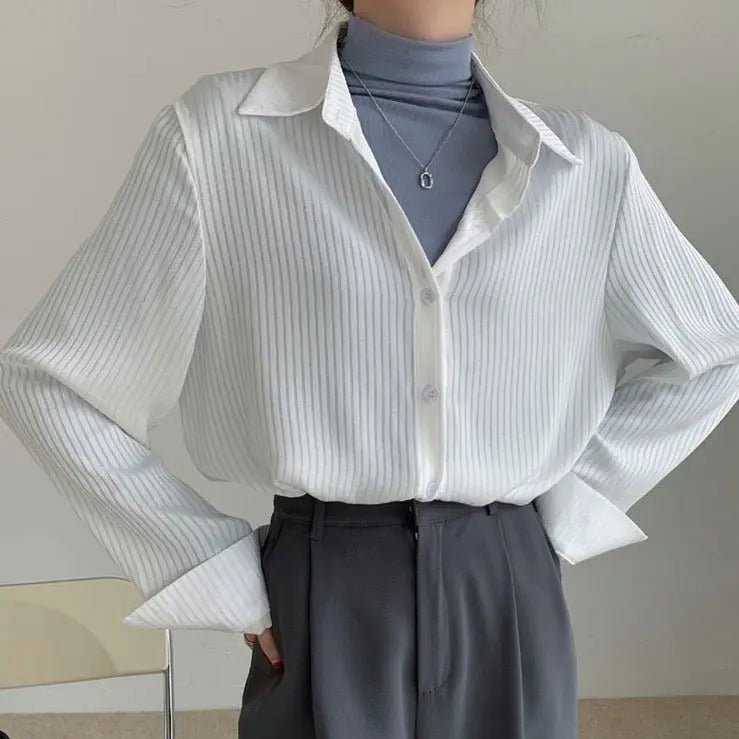 Office Ladies Striped Women Blouses Tops Full Sleeve Loose Shirts - Blade & Thread