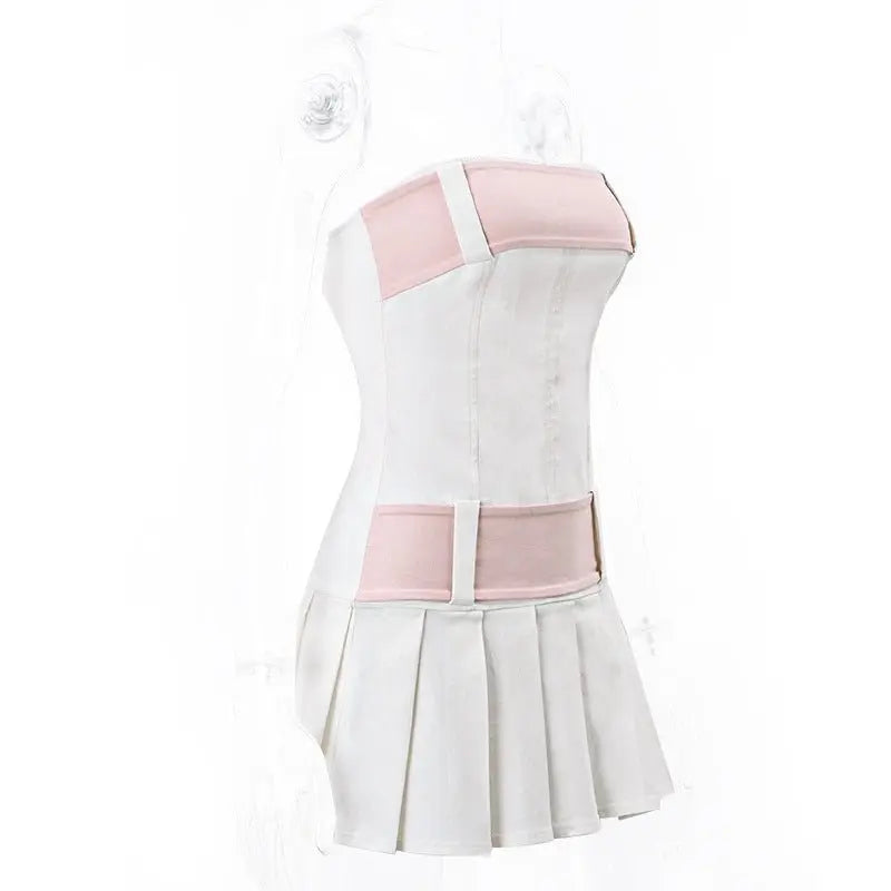 one-neck sweet strapless backless zipper contrasting color pleated dress - Blade & Thread
