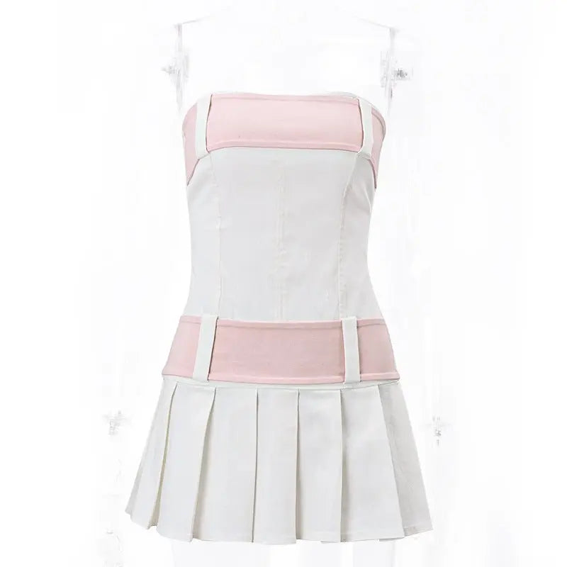one-neck sweet strapless backless zipper contrasting color pleated dress - Blade & Thread