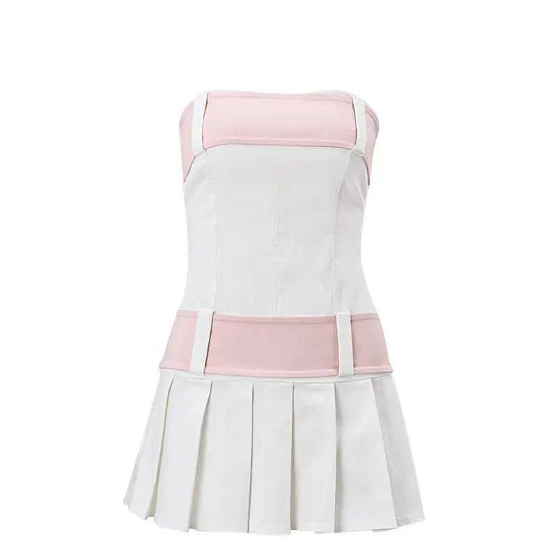 one-neck sweet strapless backless zipper contrasting color pleated dress - Blade & Thread