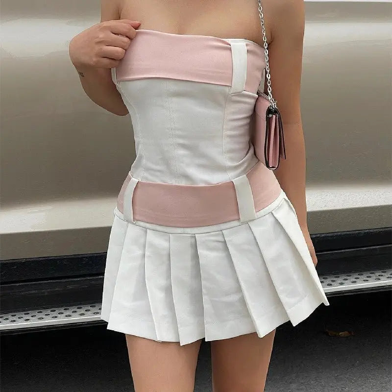 one-neck sweet strapless backless zipper contrasting color pleated dress - Blade & Thread