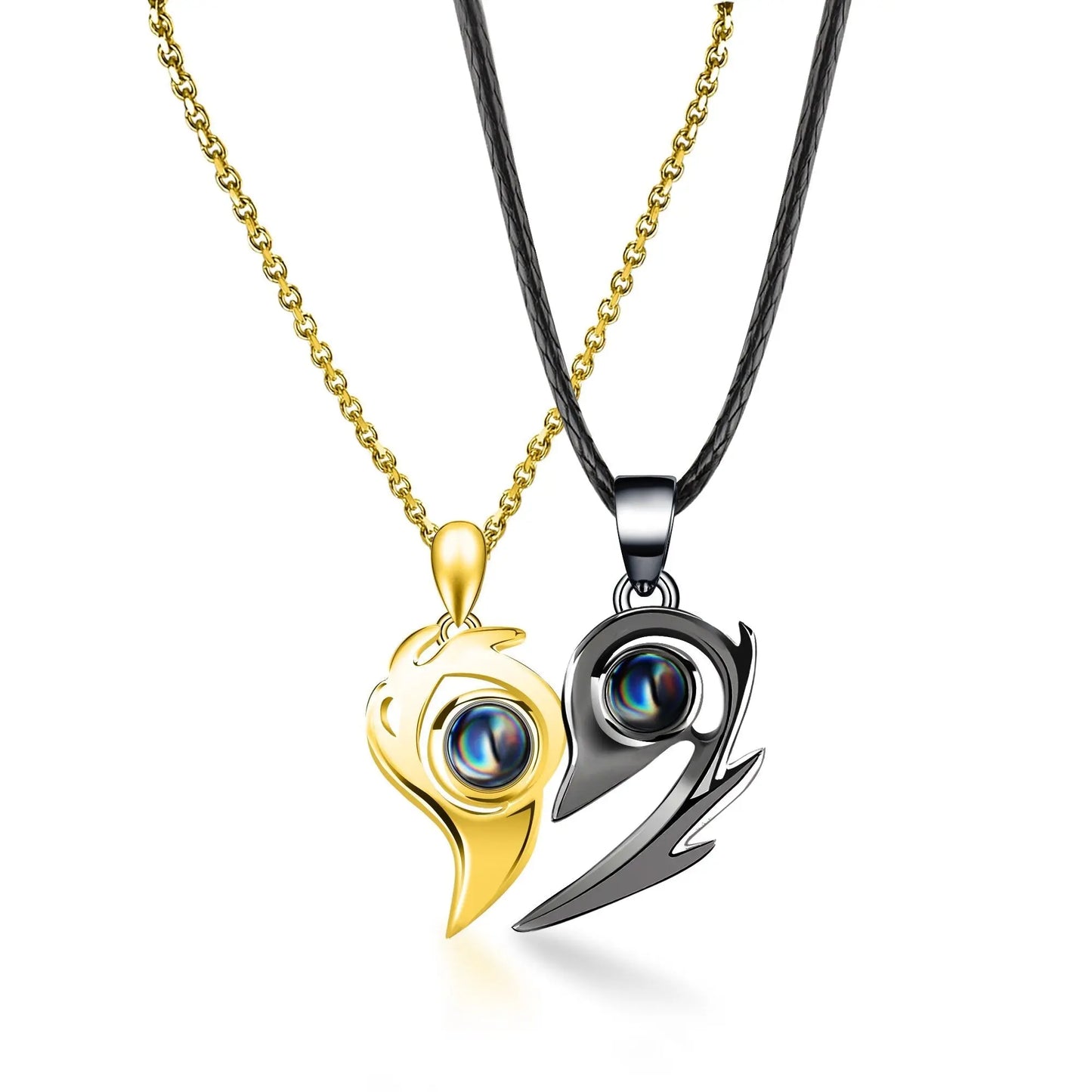 One Pair Magnetic Flame Heart Shaped Custom 100 languages Name Projection Couples Necklaces - Blade & Thread