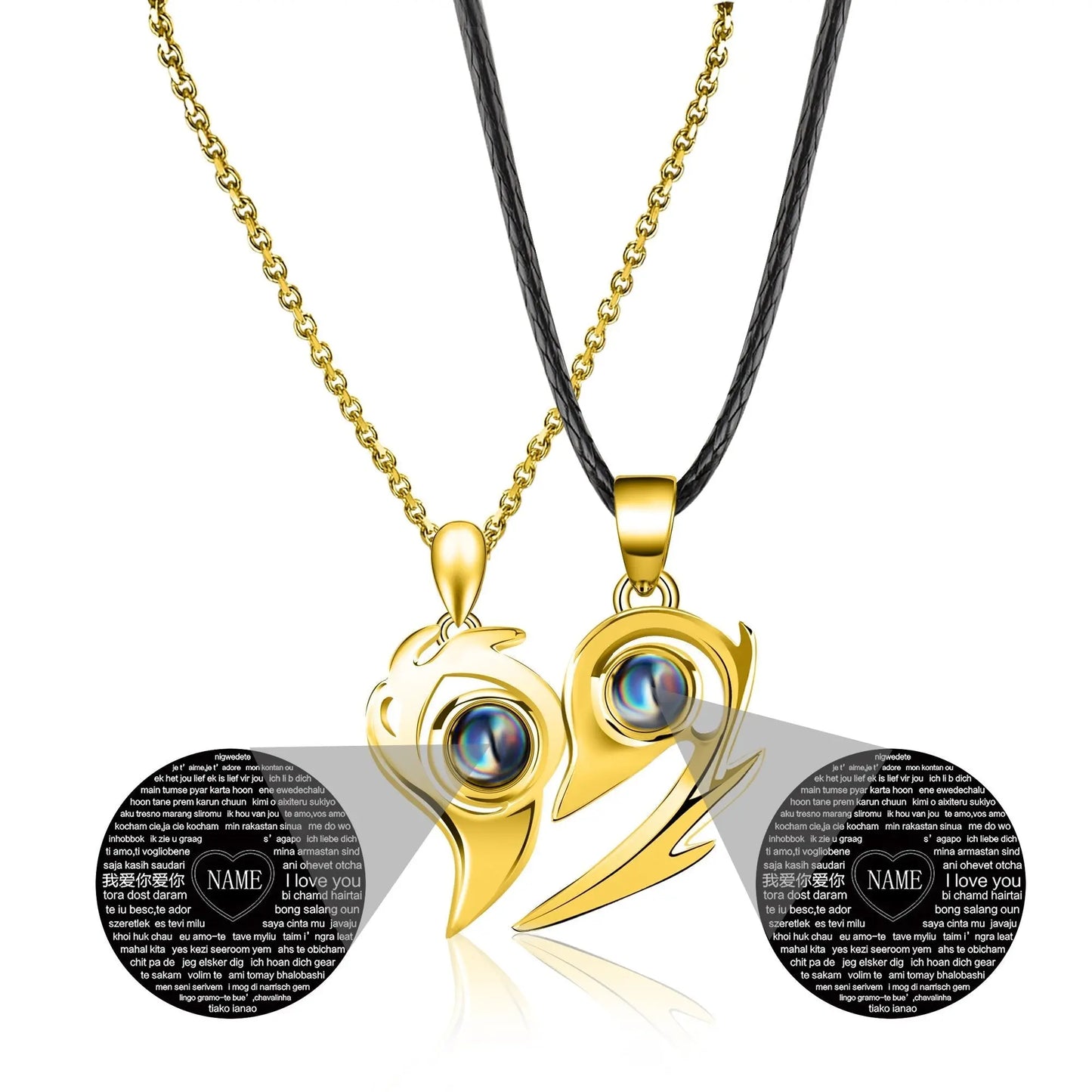 One Pair Magnetic Flame Heart Shaped Custom 100 languages Name Projection Couples Necklaces - Blade & Thread