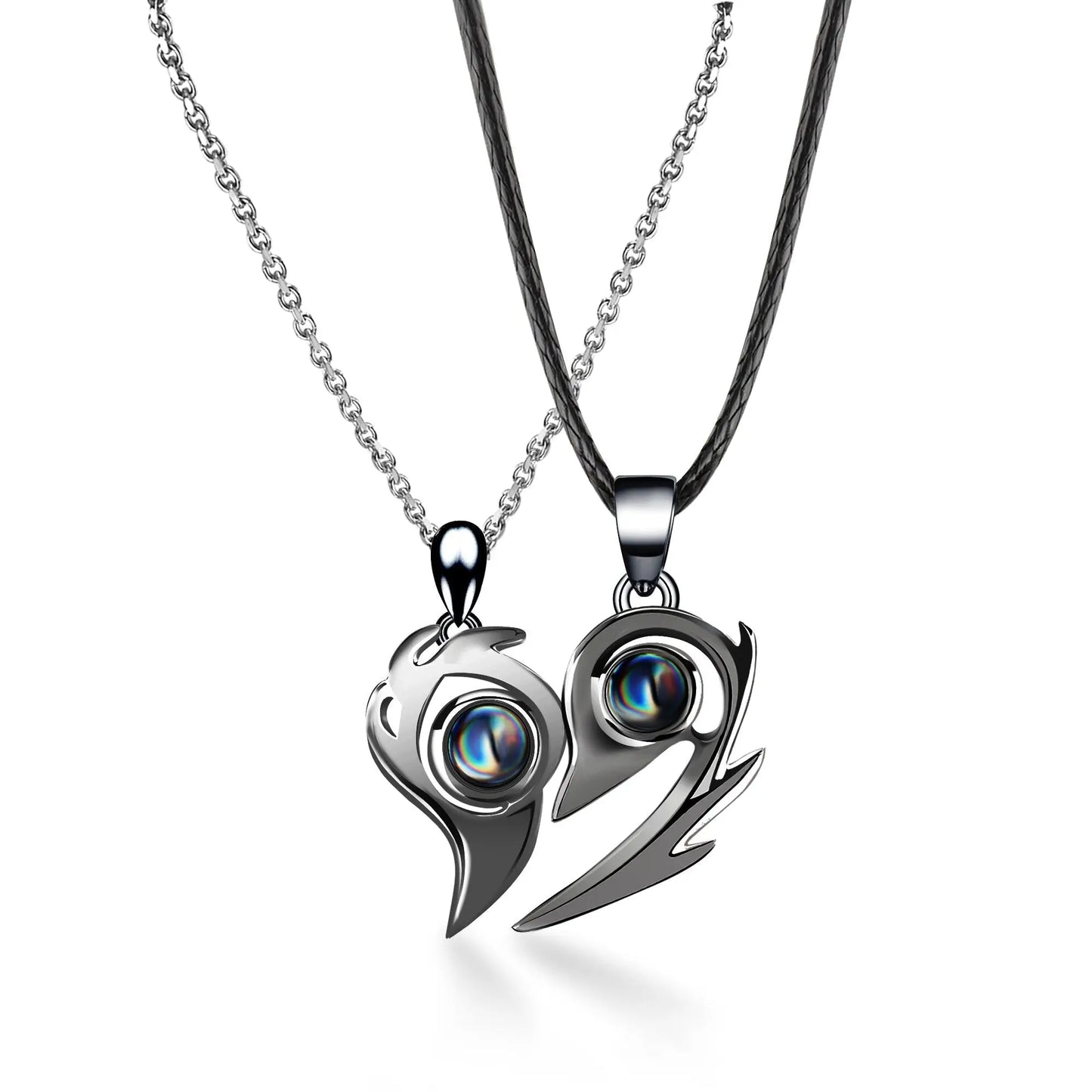 One Pair Magnetic Flame Heart Shaped Custom 100 languages Name Projection Couples Necklaces - Blade & Thread