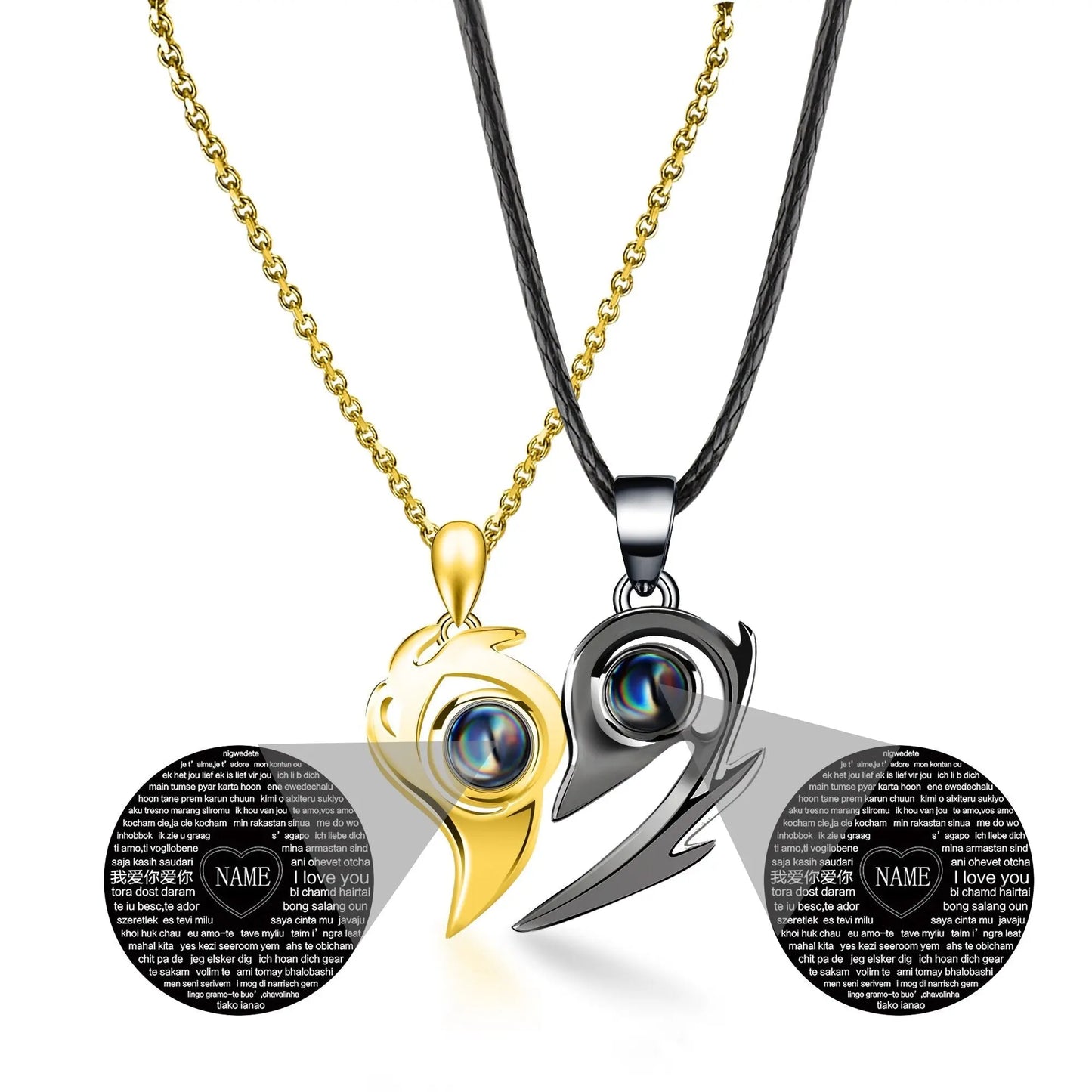 One Pair Magnetic Flame Heart Shaped Custom 100 languages Name Projection Couples Necklaces - Blade & Thread