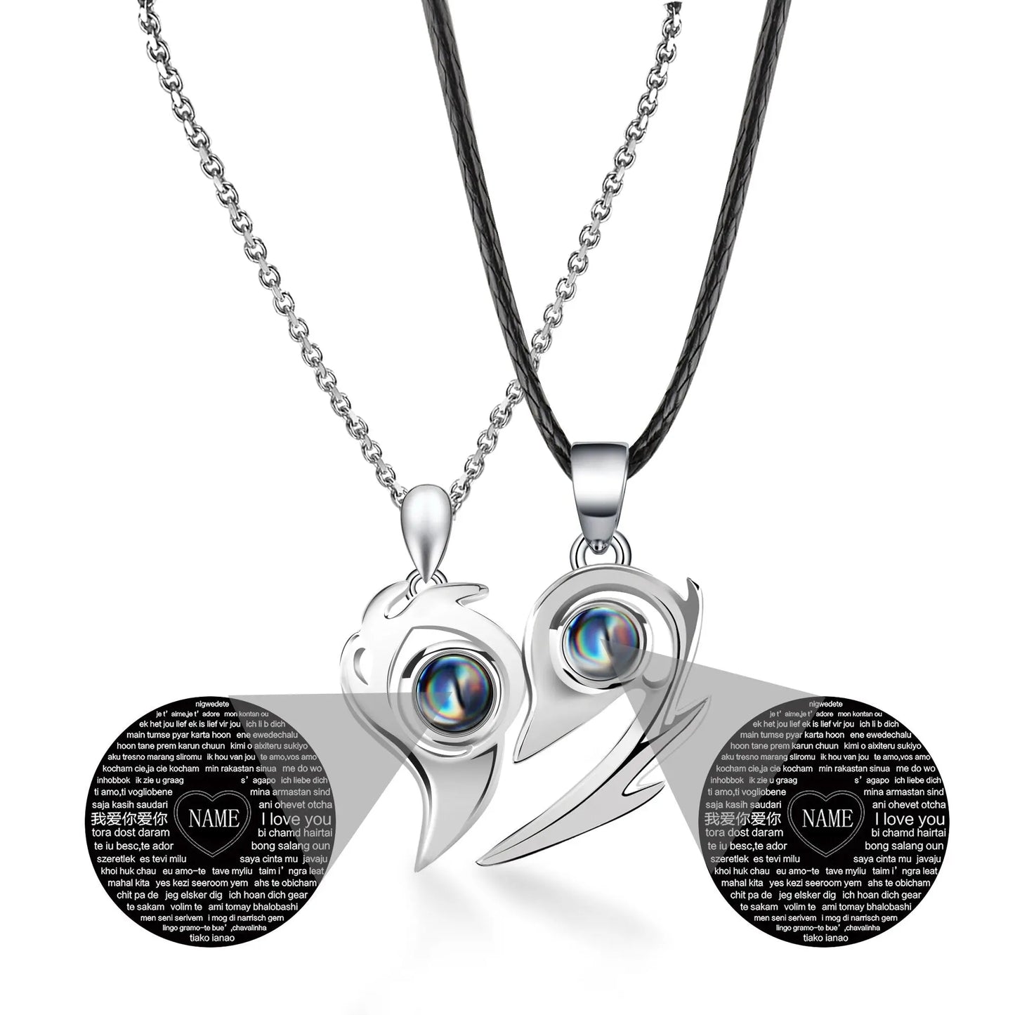 One Pair Magnetic Flame Heart Shaped Custom 100 languages Name Projection Couples Necklaces - Blade & Thread