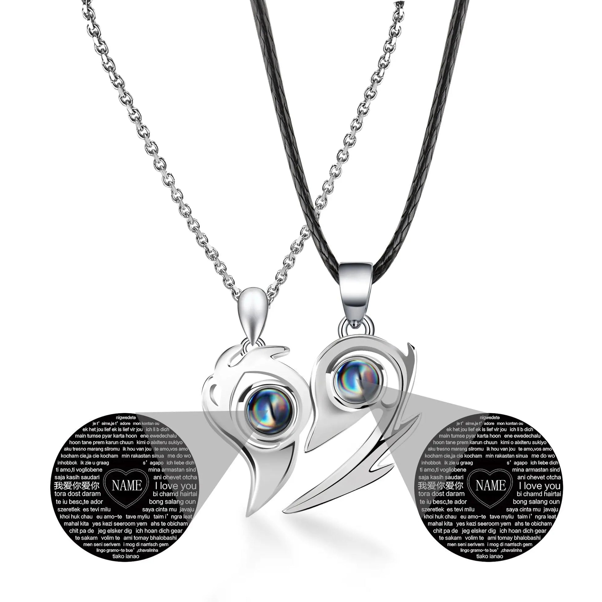One Pair Magnetic Flame Heart Shaped Custom 100 languages Name Projection Couples Necklaces - Blade & Thread