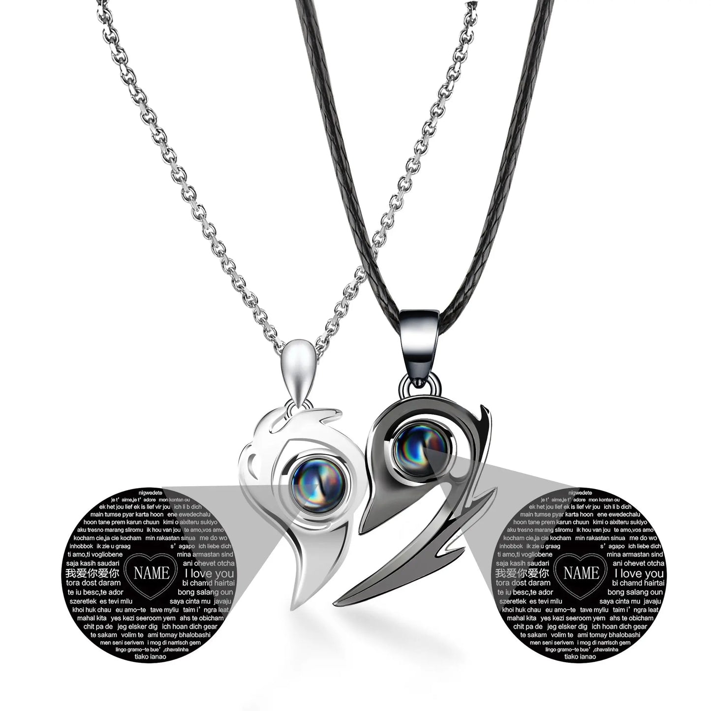 One Pair Magnetic Flame Heart Shaped Custom 100 languages Name Projection Couples Necklaces - Blade & Thread