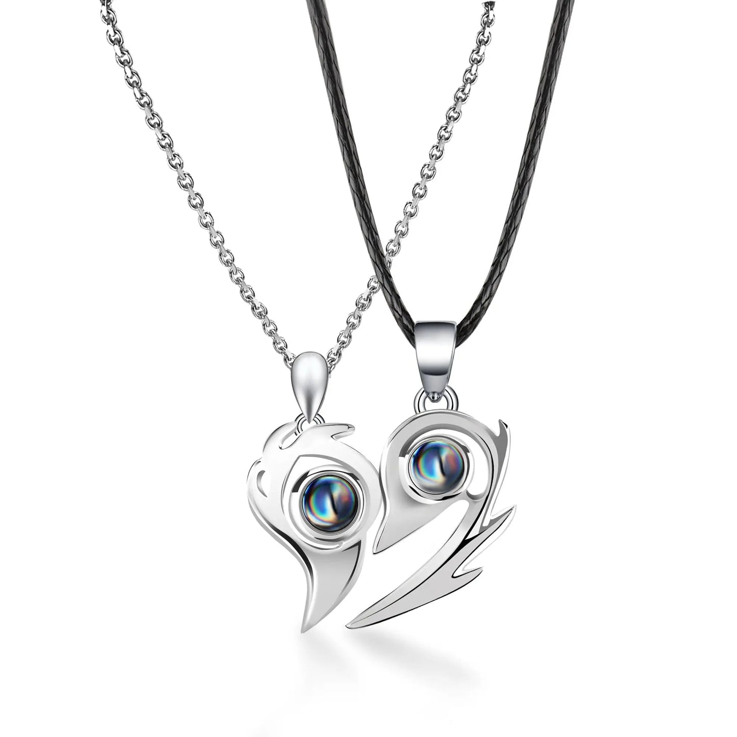 One Pair Magnetic Flame Heart Shaped Custom 100 languages Name Projection Couples Necklaces - Blade & Thread