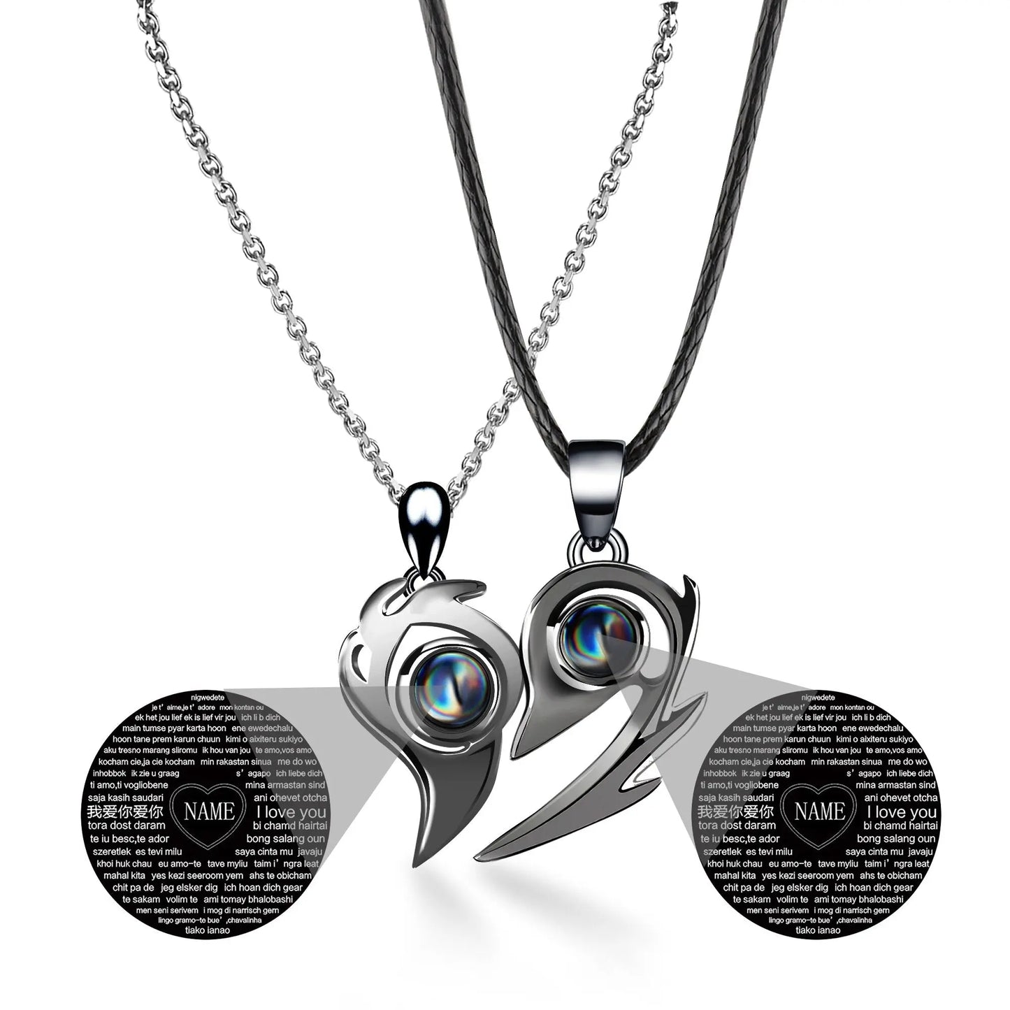 One Pair Magnetic Flame Heart Shaped Custom 100 languages Name Projection Couples Necklaces - Blade & Thread