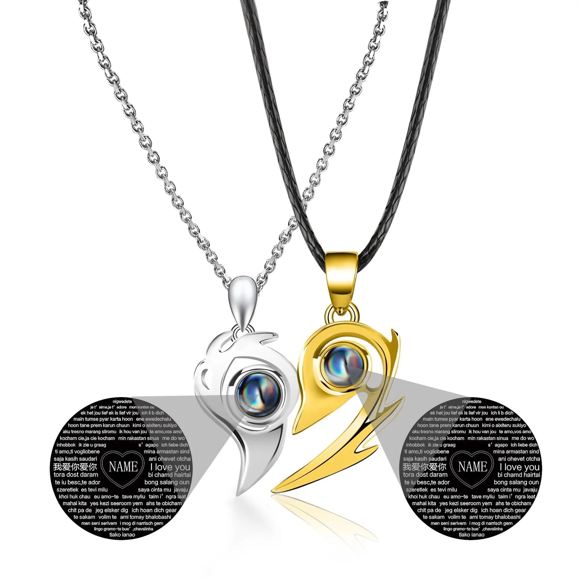 One Pair Magnetic Flame Heart Shaped Custom 100 languages Name Projection Couples Necklaces - Blade & Thread