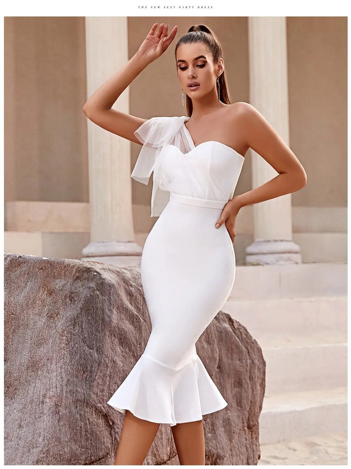 One Shoulder Bandage Dress For Women Mermaid Hem Bow Sleeveless Bodycon Vestidos - Blade & Thread