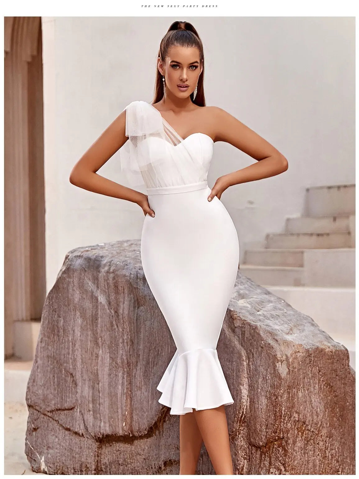 One Shoulder Bandage Dress For Women Mermaid Hem Bow Sleeveless Bodycon Vestidos - Blade & Thread