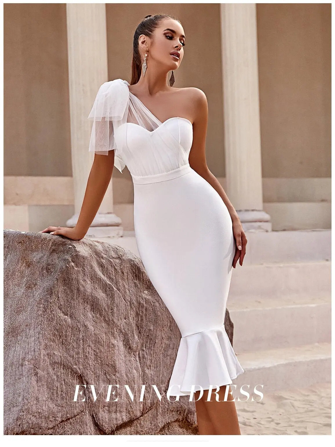 One Shoulder Bandage Dress For Women Mermaid Hem Bow Sleeveless Bodycon Vestidos - Blade & Thread