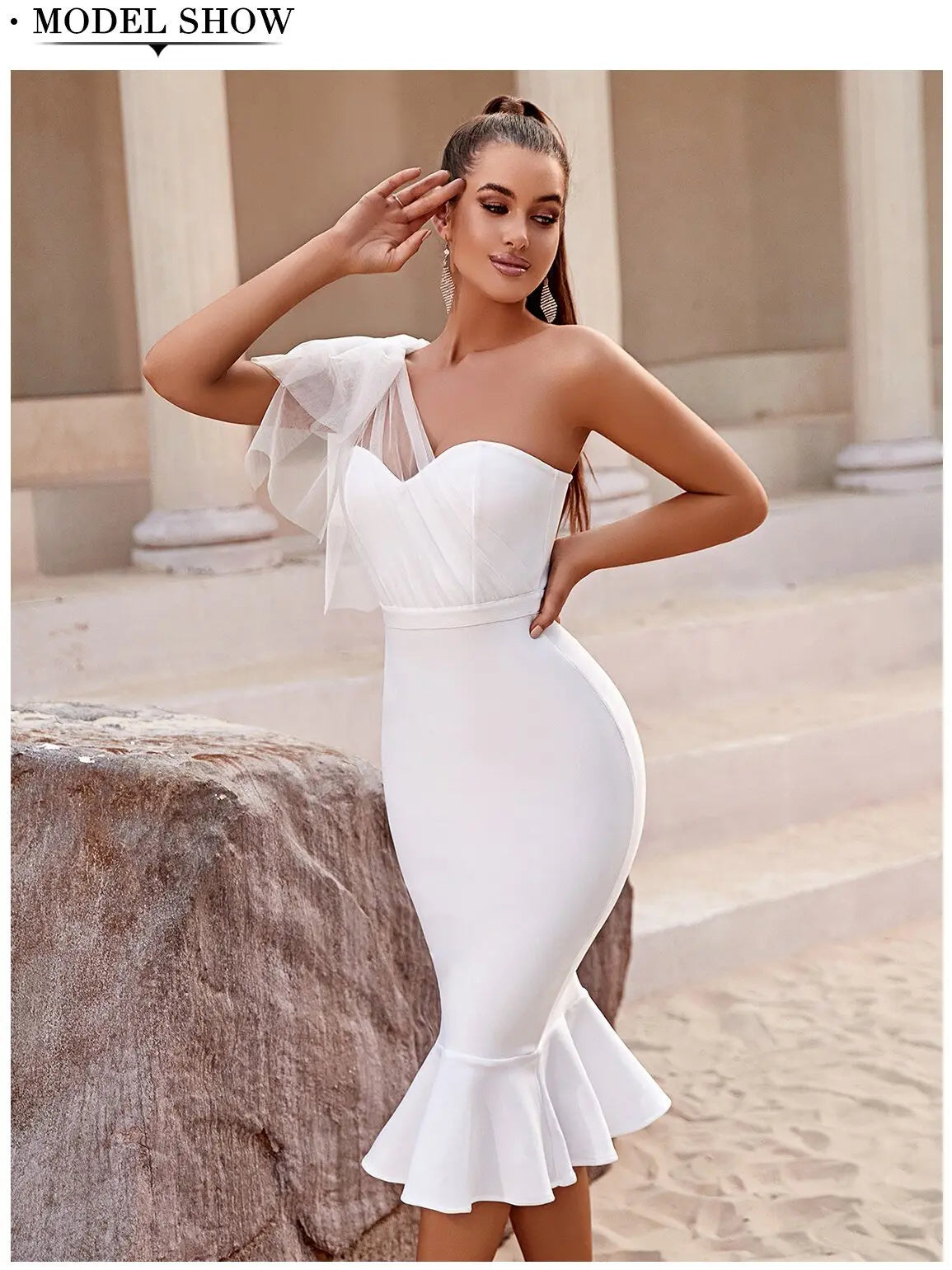 One Shoulder Bandage Dress For Women Mermaid Hem Bow Sleeveless Bodycon Vestidos - Blade & Thread