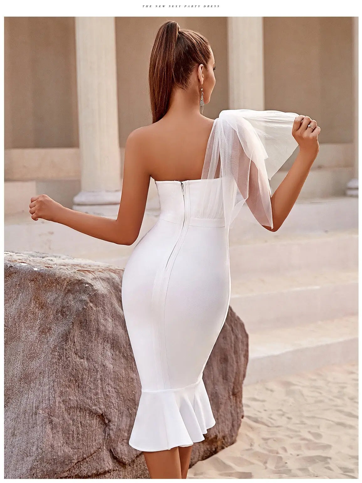One Shoulder Bandage Dress For Women Mermaid Hem Bow Sleeveless Bodycon Vestidos - Blade & Thread