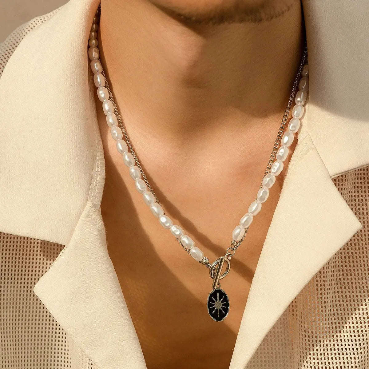 Oval sun OT buckle pearl necklace - Blade & Thread