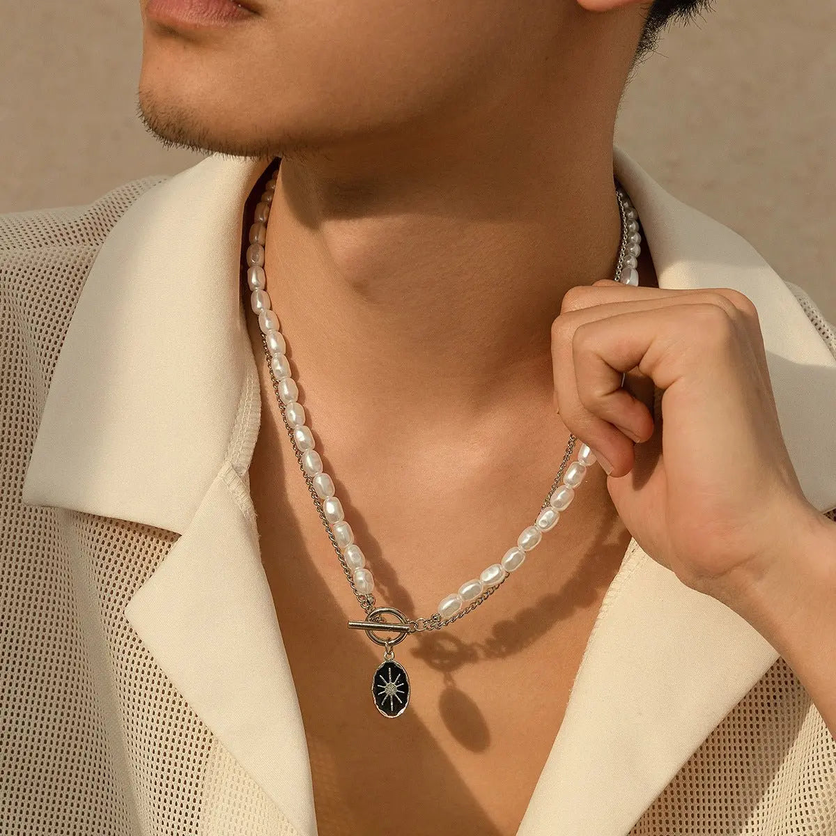 Oval sun OT buckle pearl necklace - Blade & Thread