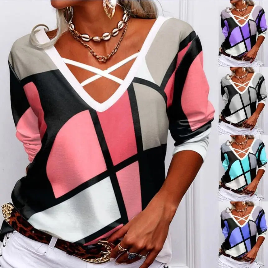 Overlapping V Neck Geometric Print T-shirt Casual Long Sleeve Tops Loose Pullover - Blade & Thread