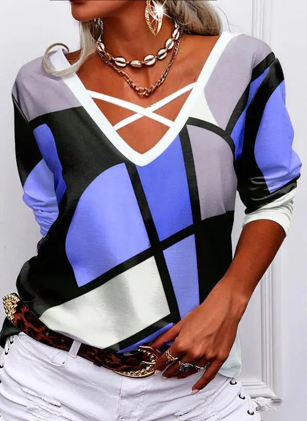 Overlapping V Neck Geometric Print T-shirt Casual Long Sleeve Tops Loose Pullover - Blade & Thread