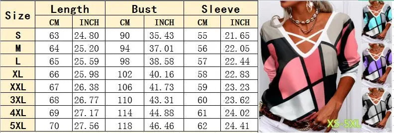 Overlapping V Neck Geometric Print T-shirt Casual Long Sleeve Tops Loose Pullover - Blade & Thread